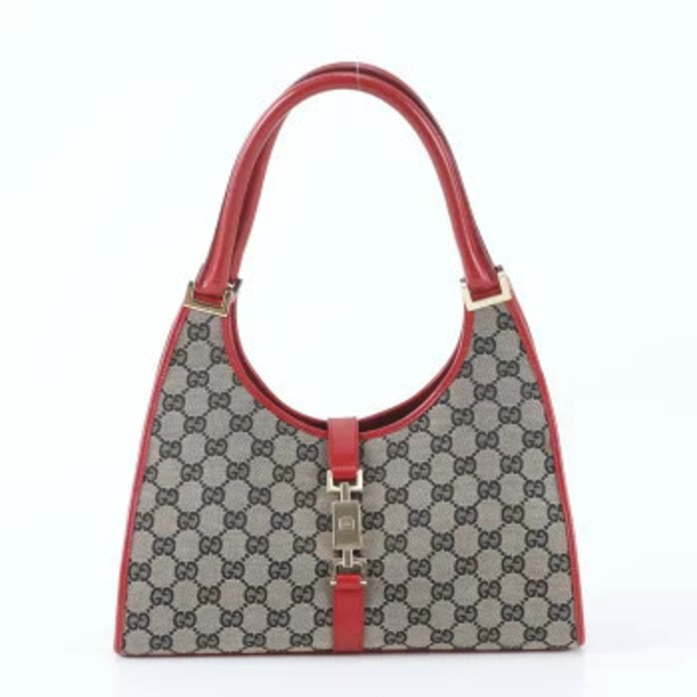Gucci GG Canvas Jackie Leather Tote 2Way Shoulder Bag Gray Brown